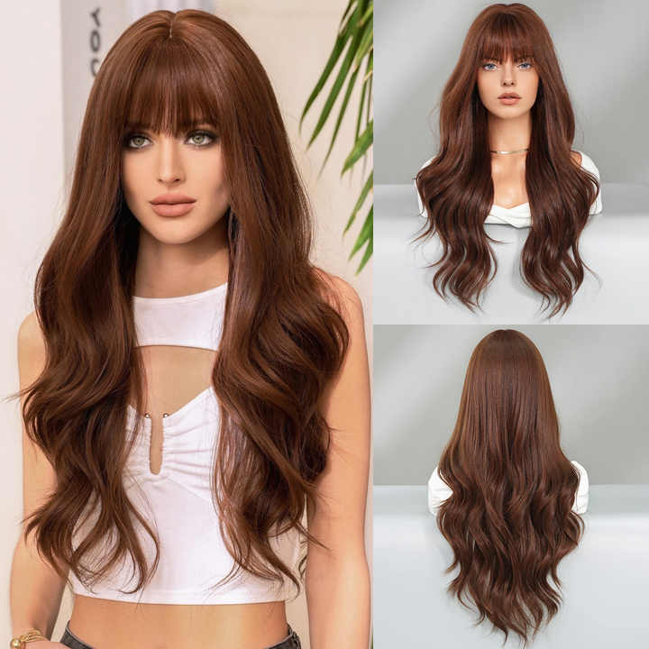 Wavy Brown Wig with Subtle Red Ends