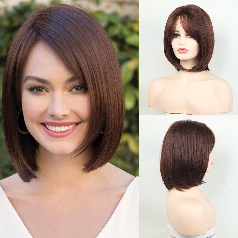 Women's Short Straight Bob Synthetic Wig with Side-Swept Bangs
