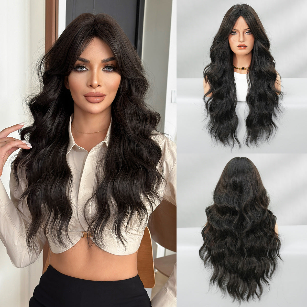 Brown Lace Front Wig – Long Wavy Synthetic Hair, Natural Look