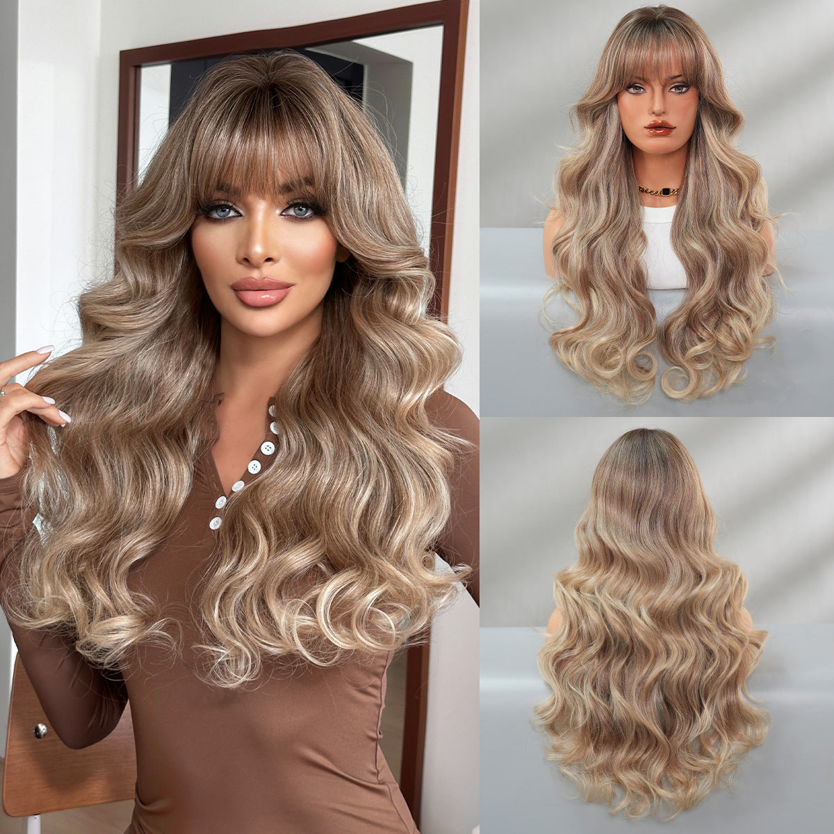 Brown Lace Front Wig – Long Wavy Synthetic Hair, Natural Look