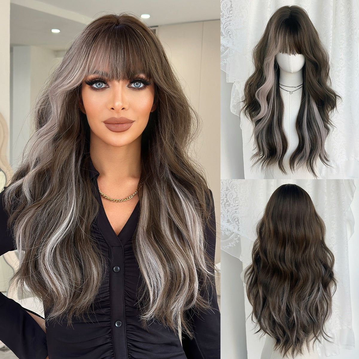 Brown Lace Front Wig – Long Wavy Synthetic Hair, Natural Look