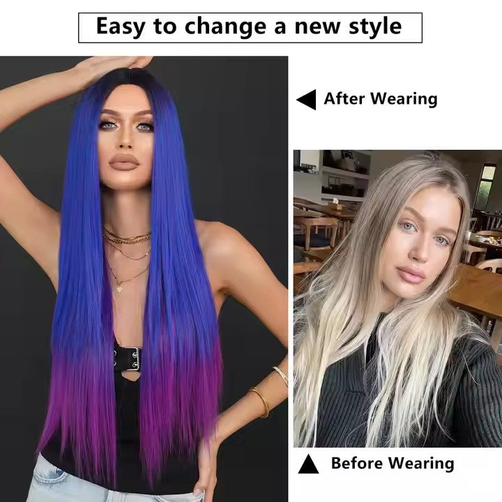 Front Synthetic Wig Center Section Curly Wave Blue Purple Wig For Everyday Parties